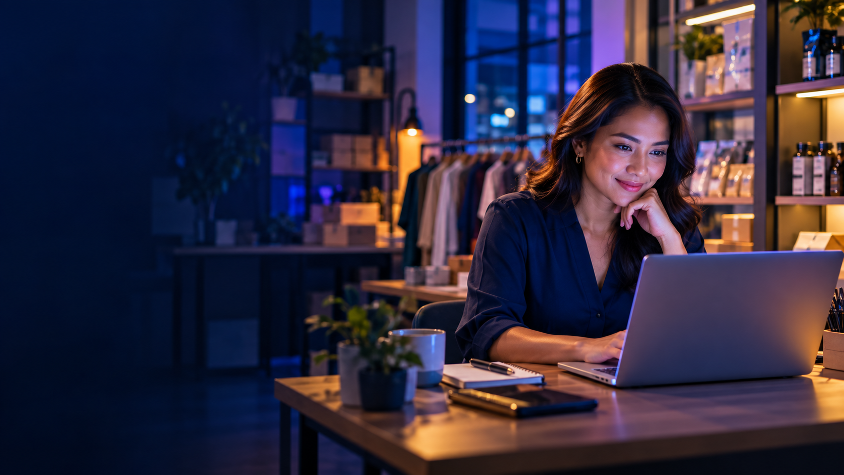 Business owner reviewing performance on a laptop